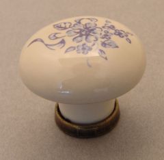 Knop wit porselein 31mm met blauwe bloem en brons antiek