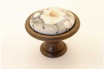 Knop wit porselein 27mm met witte bloem en brons antiek