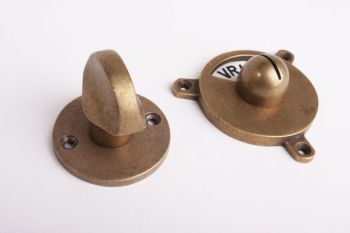 WC sluiting brons antiek platte knop + ronde rozet 341 en zwart/wit vrij/bezet