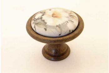 Knop wit porselein 27mm met witte bloem en brons antiek