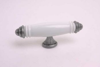Greep antiek zilver 90mm wit porselein T-greep