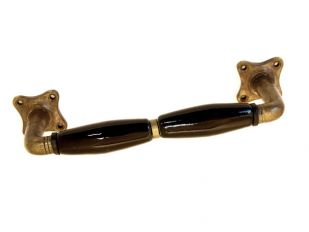 Deurgreep antiek brons met 2 delen zwart porselein (ton) 215 mm.