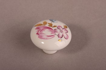 Knop wit porselein met roze en blauwe bloemen rond 38mm