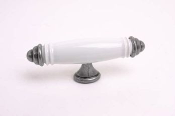 Greep antiek zilver 90mm wit porselein T-greep